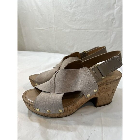 Franco Sarto Taupe Suede Slingback Kicks Platform Cork Sandals 7.5 - Picture 11 of 13